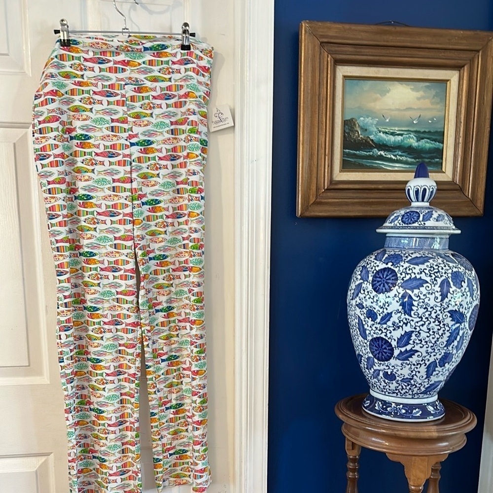 NWT Southwind Apparel Nylon & Spandex White Multi Color Wide Leg Palazzo Pants